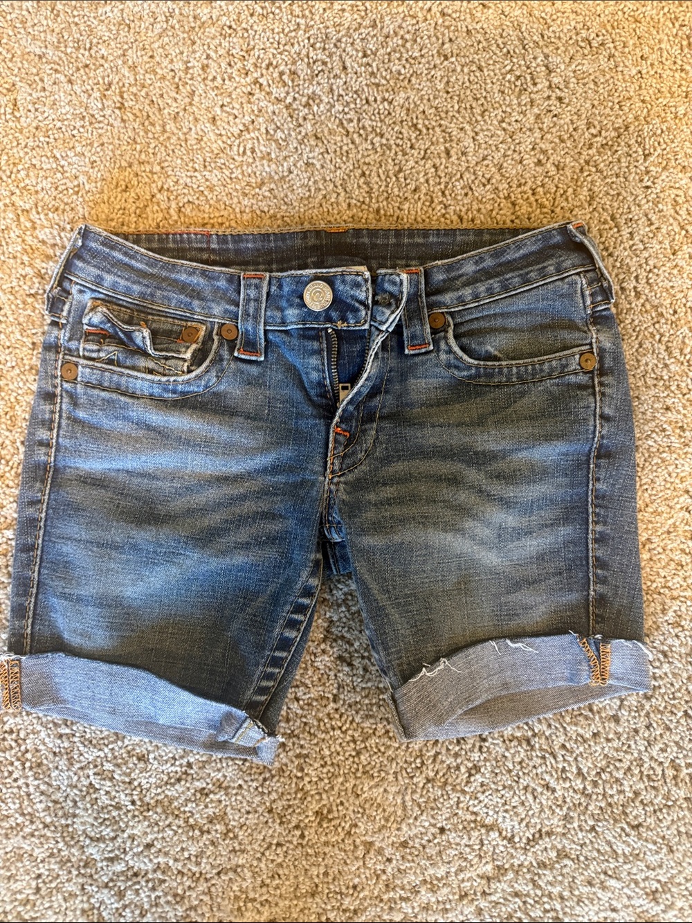 True Religion Faded Blue Rolled-Hem Denim Shorts